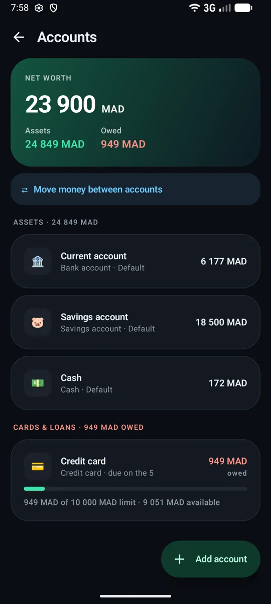 Accounts screen with net worth