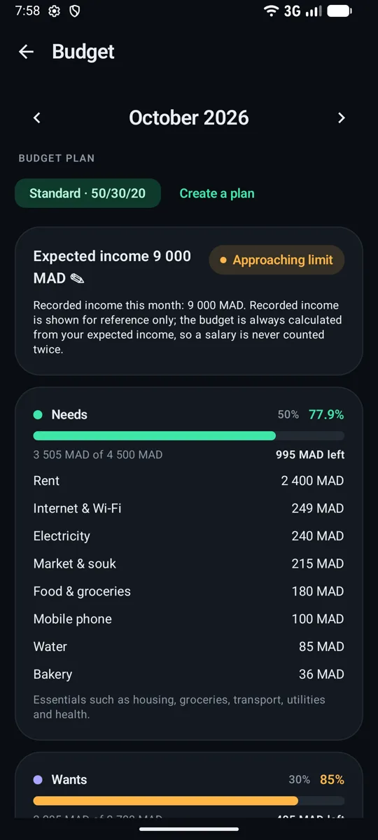 Budget screen with needs and wants