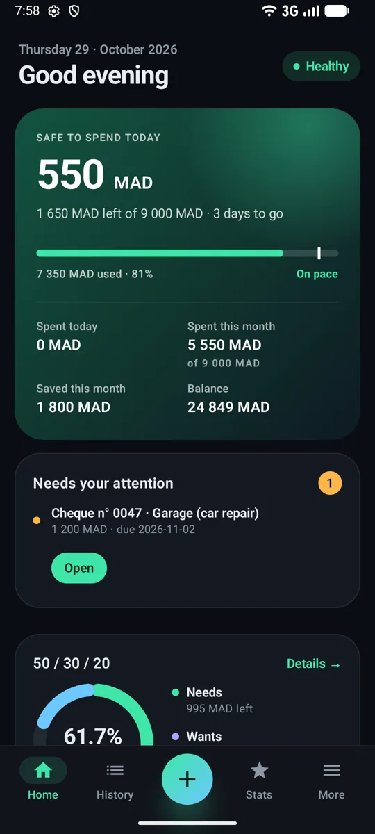 Smart Budget home screen showing 550 MAD safe to spend today